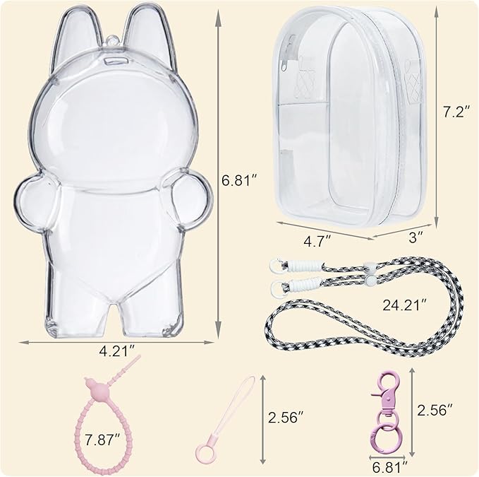 2pcs Figure Display Case for 17cm Doll, Clear Protective Cover with Detachable Keychain for Collectible Toys and Cosmetics, Blind Box Display Pouch for Travel or Home Decor