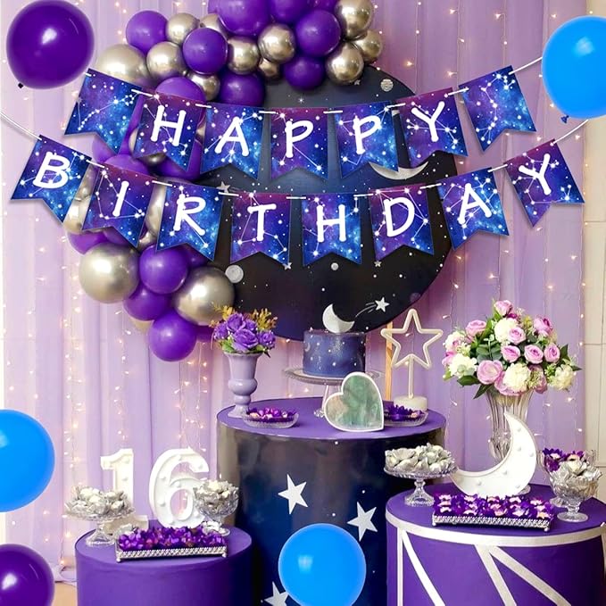 Galaxy Birthday Decorations Galaxy Happy Birthday Banner Space Astrology Party Decorations for Boys Girls Planet Starry Sky Theme Party Banner Supply for Solar System Themed Space Nebula Bunting Decor
