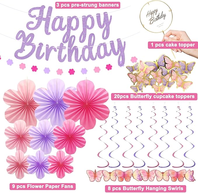 Butterfly Birthday Decorations Party Supplies with Pre-strung Happy Birthday Banner,Flower Garland,Cake Cupcake Toppers,Hanging Swirls, Paper Fan Spring-themed Decor Pack for Women Girls