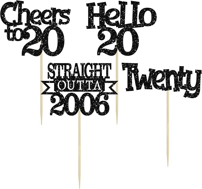 Ephlyn 24Pcs Happy 20th Birthday Cupcake Toppers Glitter Straight Outta 2006 Cupcake Picks Hello 20 Cheers to 20 Years Cake Decorations for 20th Birthday Anniversary Party Decorations Supplies Black