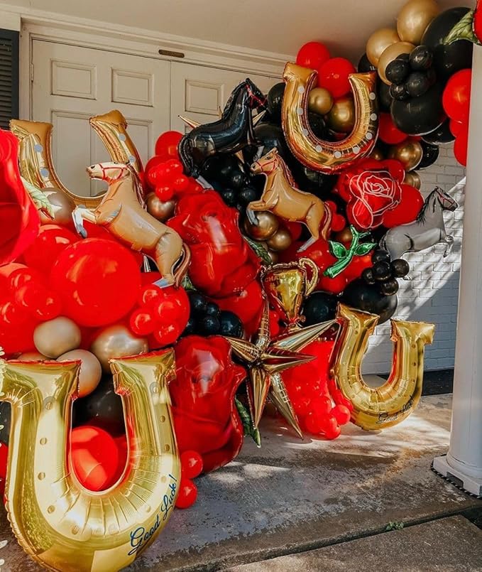 Derby Balloon Garland Arch Kt, 144pcs Red Black Gold Balloons with Rose Horse Horseshoe Foil Balloons for Run for the Rose Kentucky Party Rodeo Birthday Horse Racing Decorations