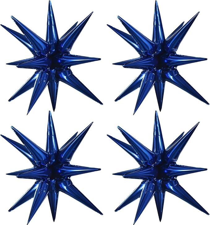 TONIFUL 4 Pcs 22inch 4D Navy Blue Explosion Star Mylar Balloons 14Point Star Balloons for Party Backdrop Christmas,New Year Birthday, Wedding Baby Shower Anniversary Photo Booth Supplies
