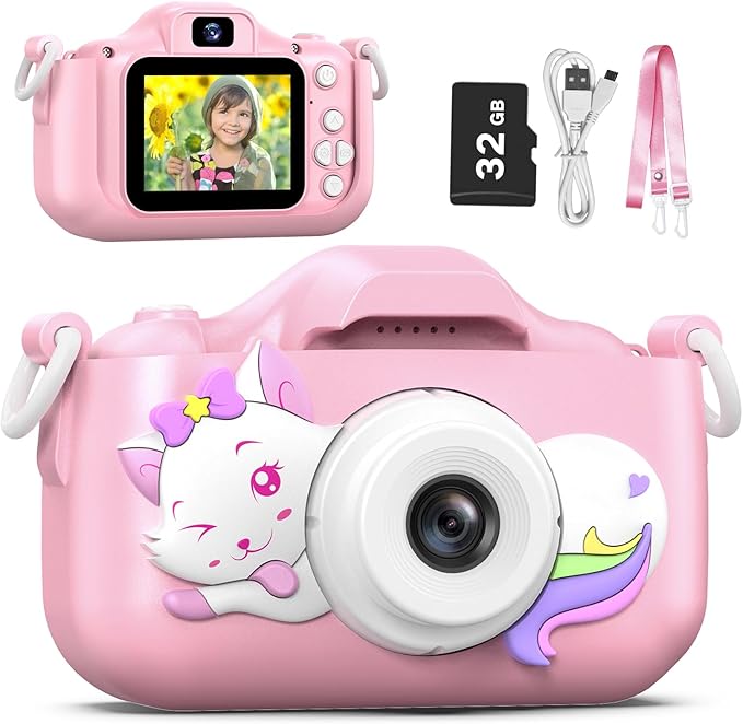 Goopow Kids Selfie Camera Toys for Girls Age 3-9, Digital Video Camera Toy with Protective Cover,Christmas Birthday Festival Gifts for 3-9 Year Old Girls Boys- 32GB SD Card Included (DC-H21-PINK)