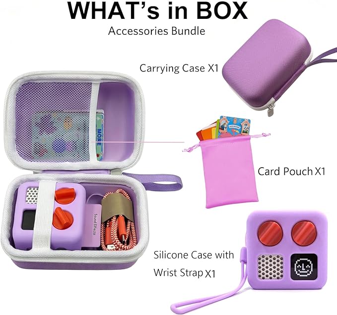Miojoy Hard Carrying Case and Silicone Cover for Yoto Mini, Protective Travel Carrier for Kids and Adventure Jacket with Card Pouch 3 in 1 Accessories Set for Yoto Mini Player, Lavender