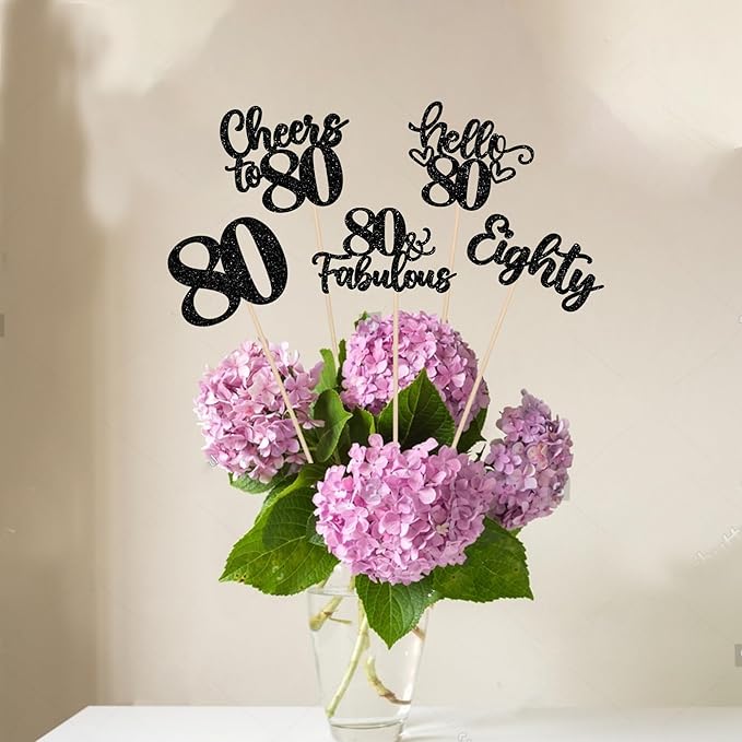 15PCS Happy 80th Birthday Centerpiece Sticks Hello 80 Cheers to 80 Birthday Table Flower Centerpieces Sticks Eighteen 80 Fabulous Floral Decorations for 80th Birthday Party Centerpieces Supplies Black
