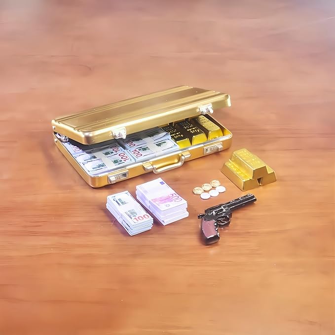 1:6 Scale Miniature Briefcase Set - Includes Fake Gold Bars, Bundles of $100 Mini Dollar Bills, Vintage Coins and Mini Weapons - Unique Adult NoveltyToy & Dollhouse Accessories (Golden)