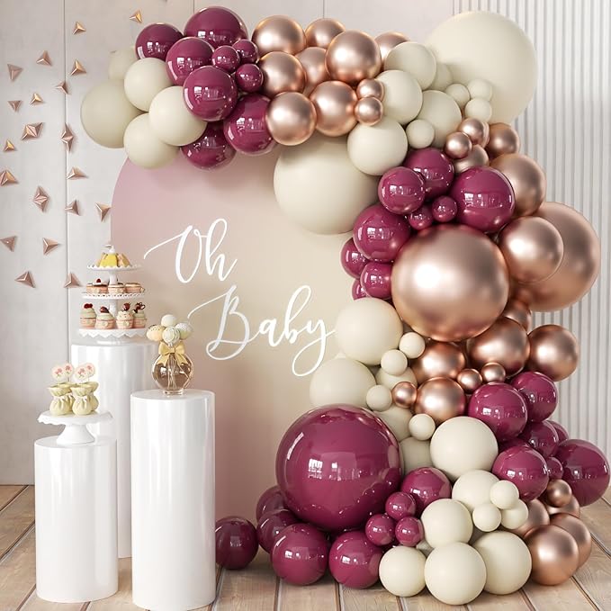 Plum Purple White Gold Balloon Arch Kit, 155Pcs Dark Mauve White Sand Rose Gold Balloons Garland for Boho Baby Shower Birthday Wedding Party Decoration