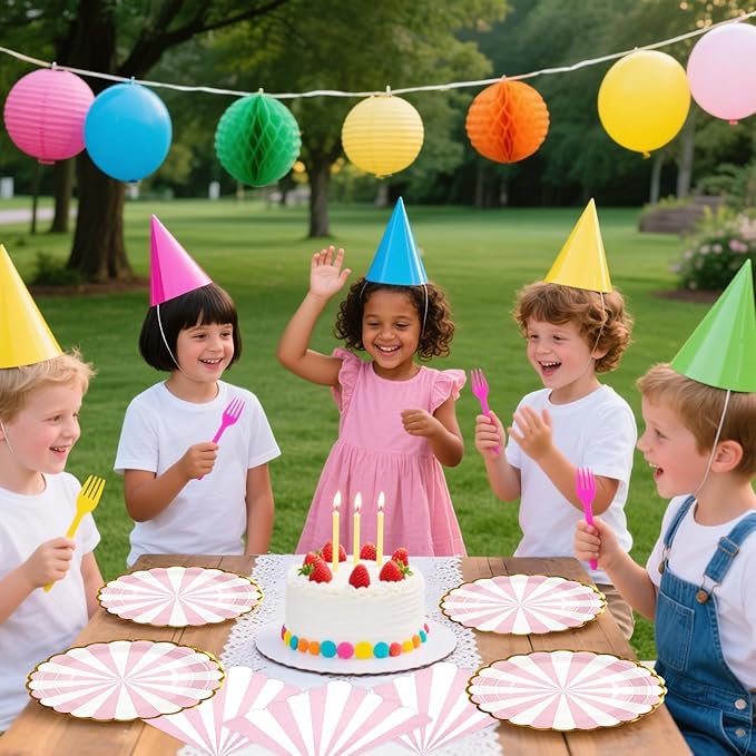 50PCS Pink Striped Paper Plates and Napkins Party Supplies, 7 inch Disposable Gold Foil Scalloped Dessert Plate Party Dinnerware Set for Birthday Wedding Bachelorette Baby/ Bridal Shower Decorations