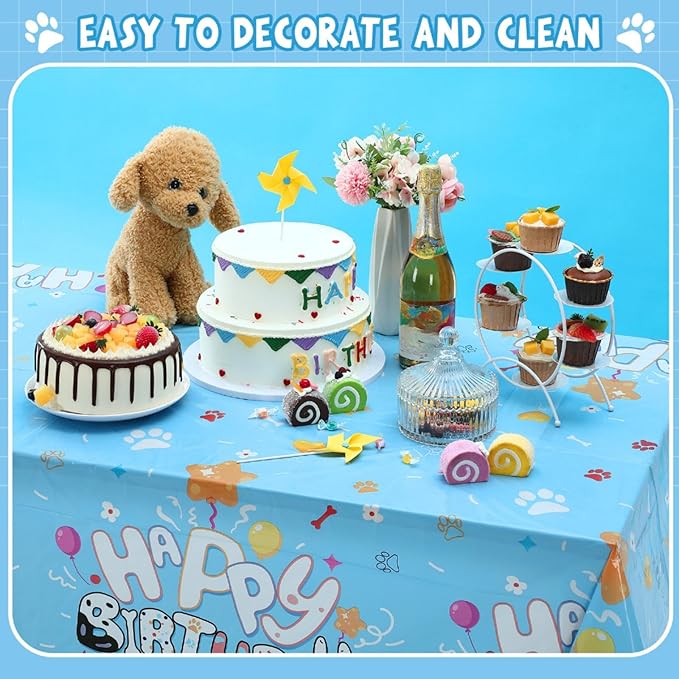 Oudain 3 Pack Blue Dog Party Tablecloth Dog Them Birthday Decor 108'' × 54'' Blue Yellow Plastic Table Cloth Puppy Paw Prints Bone Disposable Rectangle Table Cover for Baby Shower Party Supplies