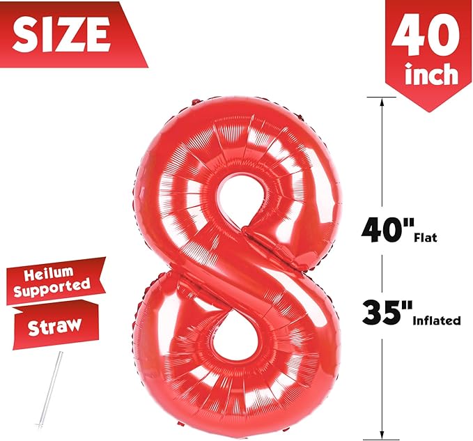 40 Inch Red Number 8 Balloon, Giant 8 Number Balloons for 8th Birthday Decorations, Party Supplies for Baby Boy Girl, Red Party Decor