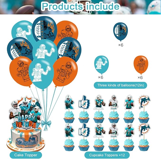 Dolphins Party Decorations,Dolphins Birthday Party Supplies Includes Banner - Cake Topper - 12 Cupcake Toppers - 18 Balloons