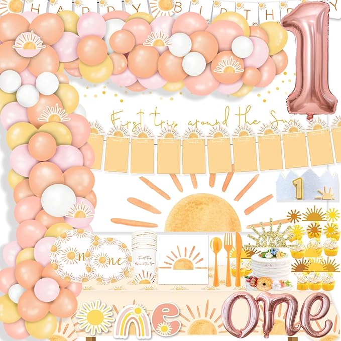 First Trip Around the Sun 12 Month Photo Banner Boho Sun 1st Birthday Decorations Party Supplies Sunshine First Birthday Decor for Baby Boys & Girls