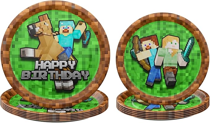 Pixel Miner Dinner and Dessert Plates (40 pieces for 20 Guests) - Video Game Party Supplies, Mining Craft Decorations, Pixel Miner Party, Blue Orchards