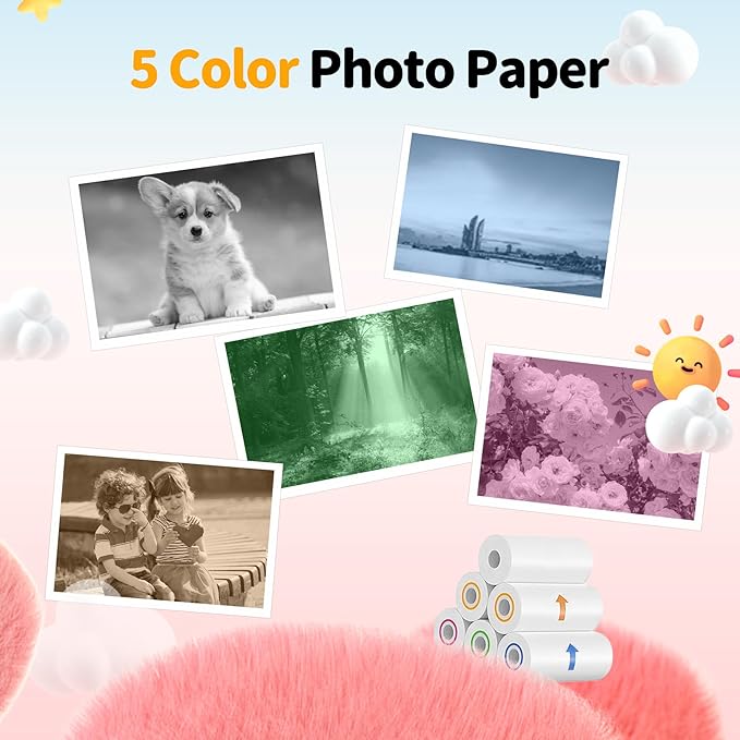 Instant Print Camera for Kids with 5 Color Print Paper, 48MP Photo 1080P Video, 21 Fun Frames, 32GB Card, Birthday for Girls Boys Age 3 4 5 6 7 8 9 10 11 12 Years Old Black