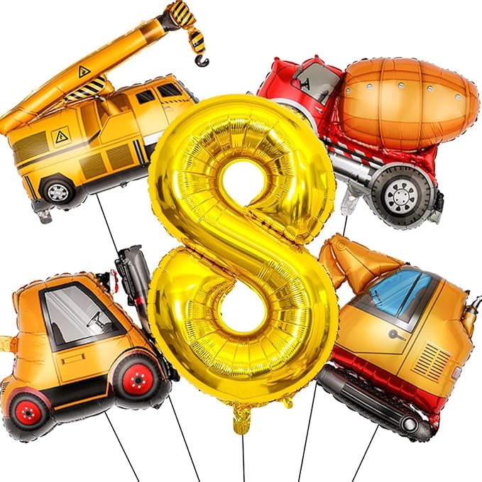 Construction Birthday Party Supplies 8 Year Old, Large Construction Balloons 40Inch Gold Number 6 Balloons Construction Truck Foil Balloons for Boys 8th Construction Birthday Party Decorations
