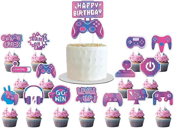 Video Game Birthday Party Decoration Set, Purple Game Birthday Party Supplies, Includes Banner Balloon Cake Decoration