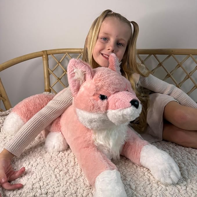 4Pcs Fox Stuffed Animal Set, Large Mommy Pink Fox Plush 22 Inch with 3 Baby Foxes in Her Zippered Tummy, Stuffed Fox Plushie Toy for Girls and Kids