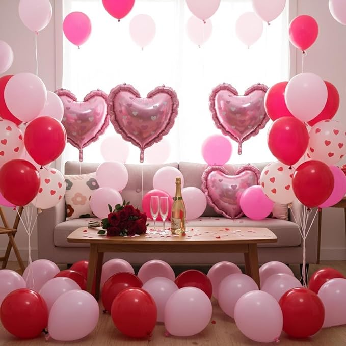 Red and Pink Balloons, Light Pink Red White Heart Print Balloons with Heart Foil Balloon for Engagement Anniversary Wedding Party Supplies Valentines Day Decorations