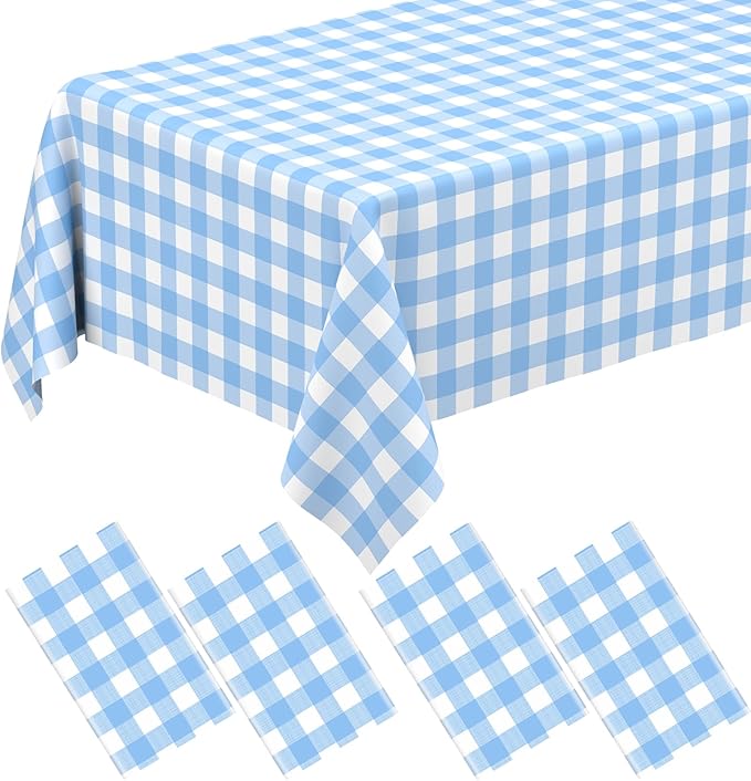 WNINK 4 Pack Light Blue Gingham Rectangular Plastic Tablecloths, Blue and White Checkered Disposable Table Covers 54" x 108" for Birthday, Wedding, Bridal Shower, Outdoor Picnic Camping Parties