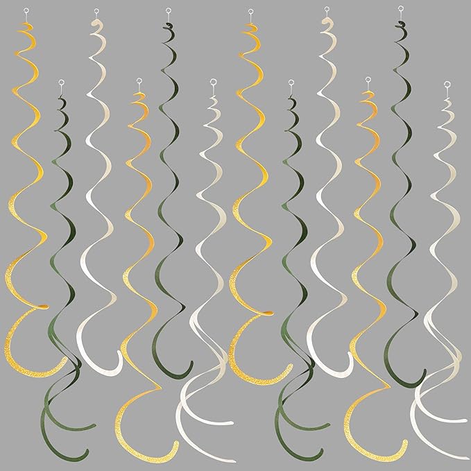 36Pcs Sage Green Gold Hanging Swirl Decorations Glitter Gold Olive Green Beige Felt Swirl Streamer Spiral Ceiling Garland for Wild One Jungle Woodland Safari Neutral Birthday Baby Shower Wedding Party