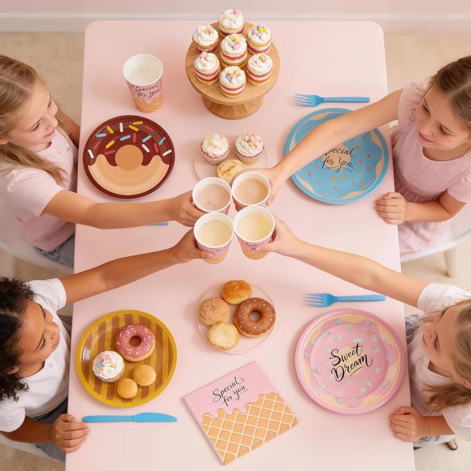 144Pcs Donut Sweet Birthday Party Supplies Decorations Girl Birthday Themed Paper Plates Napkins Vintage Party Tableware Disposable Dinnerware for Girl Kid Baby Shower Table Decor, Serve 24