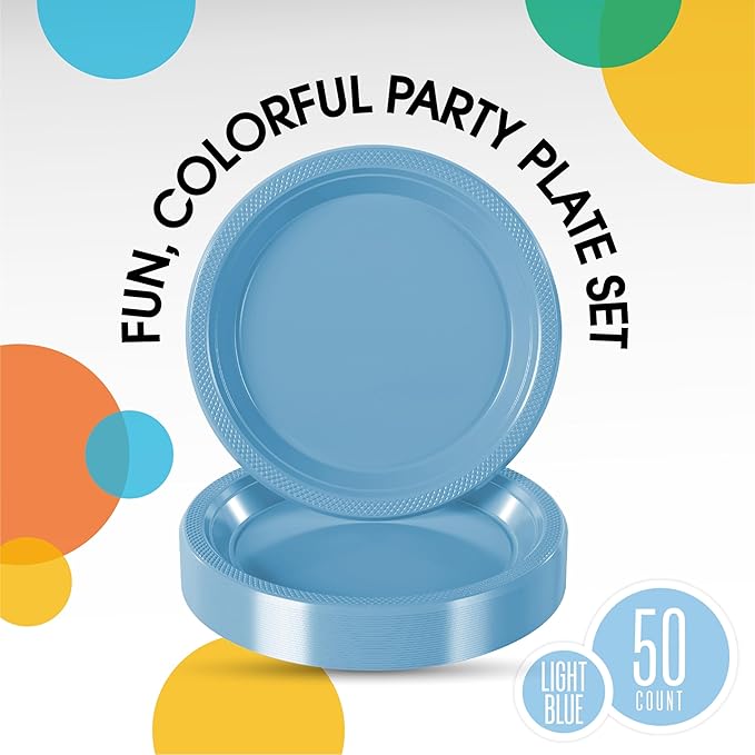 Exquisite Party Solids Light Blue Plastic Plates For Party Supplies 9" Light Blue Disposable Plates Heavy Duty 50 Pcs Plastic Dinnerware Sets Heavy Duty 350 GSM Disposable Dinnerware Set