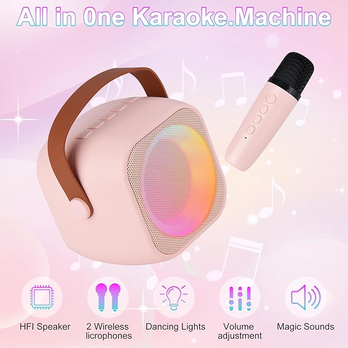 Karaoke Machine for Kids Adults, Mini Portable Bluetooth Karaoke Speaker with 2 Wireless Microphone and Lights,Toys for All Smartphones,Birthday, Family,Home Party Pink