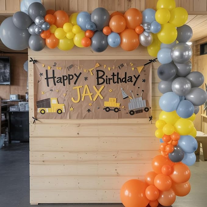 Construction Theme Balloons, 12 inch Orange Yellow Dusty Blue Latex Balloon for Construction Birthday Truck Excavator Theme Boys Transportation Party Supplies