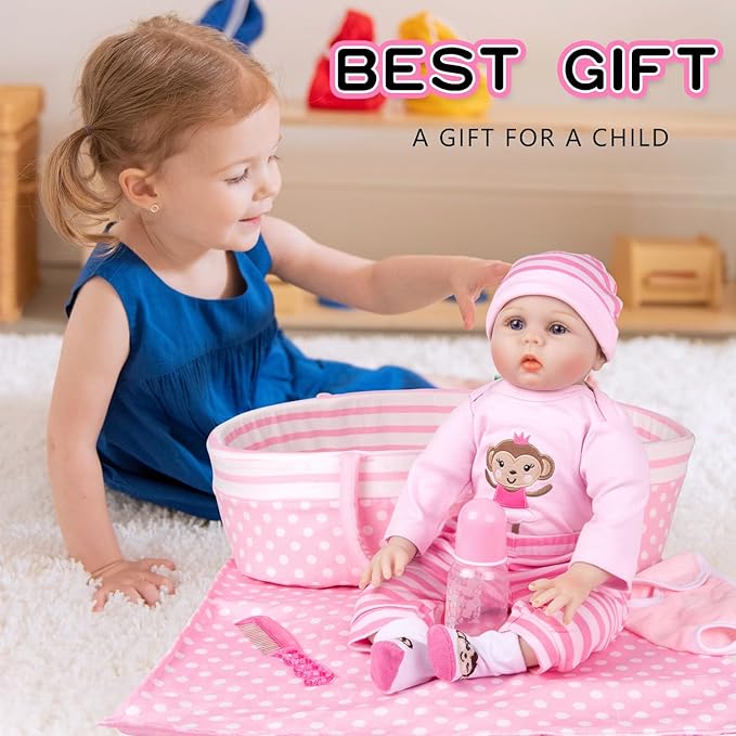 9 Pcs Set Reborn Baby Dolls Clothes with Pink Dot Bassinet for 17-22 Inch Reborn Dolls,Realistic Baby Doll Accessories Outfit fit Newborn Baby Doll Girl