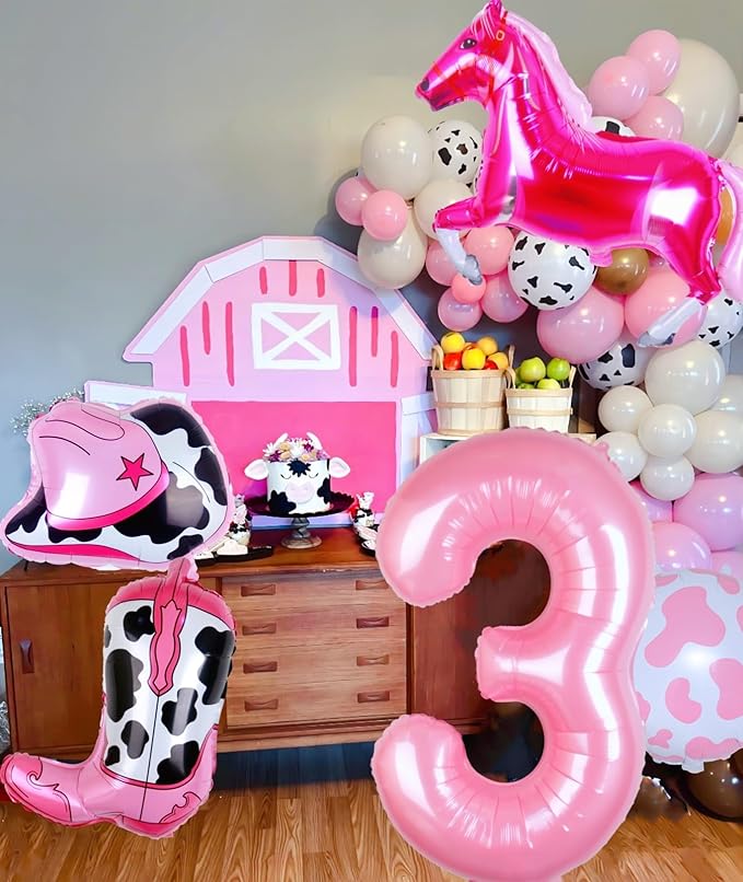 Cowgirl Balloons Pink Girl 3rd Rodeo Birthday Party Decorations, Disco Girl Horse Hat Boot Cow Balloons Western Theme Farm Birthday Party Decorations Supplies Decor (32Inch Pink 3 Balloon)