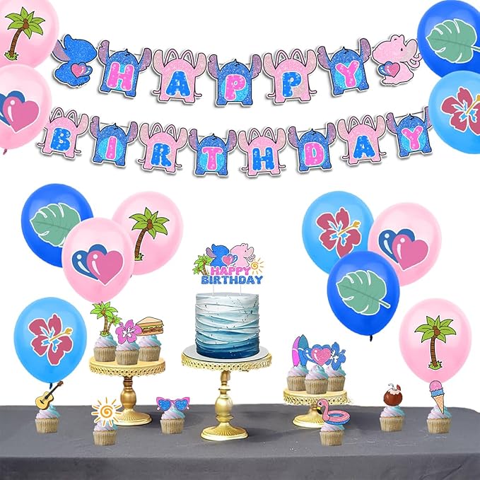 Cartoon Blue Birthday Decorations,Tropical Luau Party Supplies Includes banners,Balloons,Cupcake Toppers and Cake Toppers