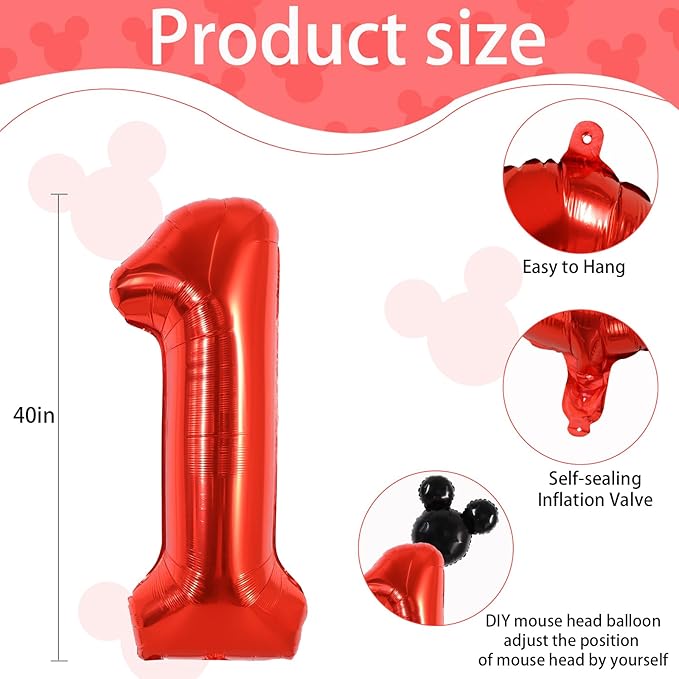 Vuzvuv 40 Inch Mouse Number Balloon No.1, Black Mouse Head Balloon and Red Giant Giant Number One Balloon for Birthday, Mouse Theme Party Supplies, Baby Shower,Anniversary Decoration