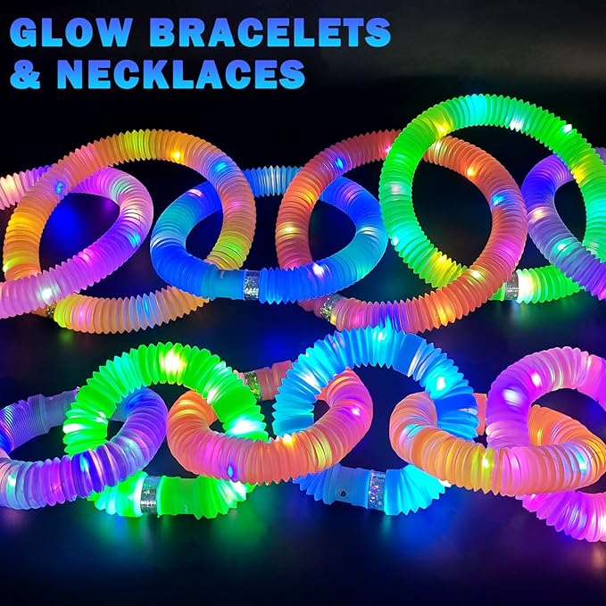 Easter Basket Stuffers for Toddlers-6 PCS Light Up Pop Tube Toys Gifts for Kids,LED Glow Stick Bracelet Necklace Party Accessories,Fun Outdoor Camping Essentials Games Activities for Boys Girls