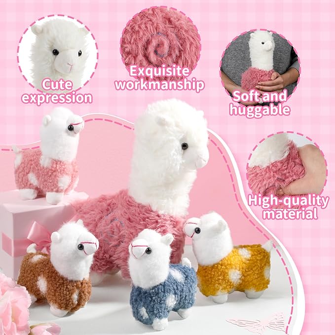 Civaner Llama Stuffed Animal with 4 Baby Llama Plushies Cute Alpaca Plush Set Soft Kawaii Alpaca Pillow for Kids Girls Easter Mother's Day Birthday Party Charity Donation Home Decor(Pink)