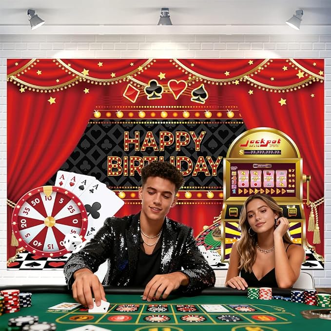 Casino Happy Birthday Backdrop Decorations Banner Luxurious Las Vegas Casino Night Photo Background for Home Indoor Outdoor Birthday Party Decorations Supplies 70.8 x 47.2 Inch