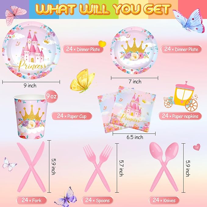 Meanplan 168 Pcs Princess Party Decorations Princess Plates and Napkins Castle Disposable Tableware Set for Girls Baby Shower Princessed Castle Birthday Party Supplies Serves 24 Guest