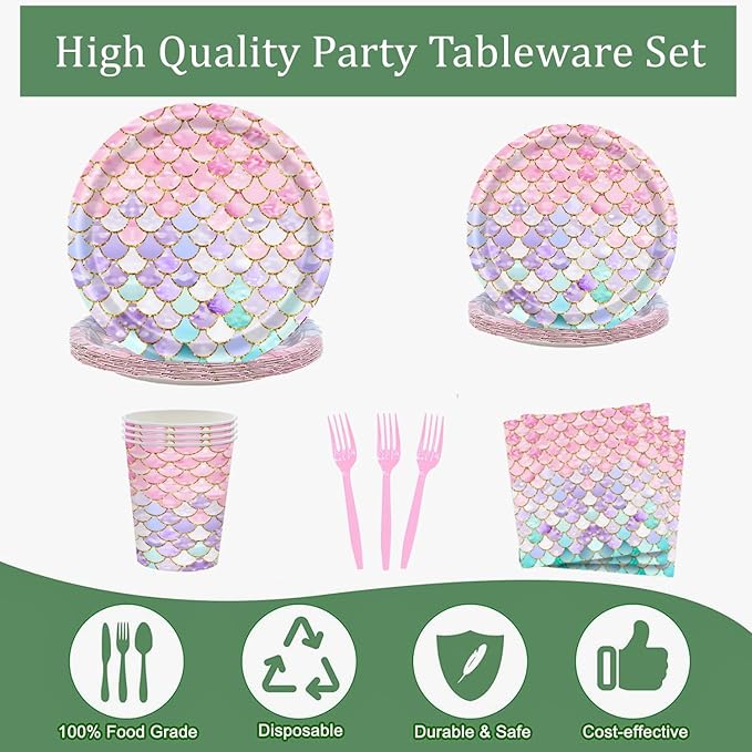 121 Pcs Mermaid Birthday Party Decorations Plates Set for 24 Guests,Little Mermaid Party Supplies Ocean under the Sea Party Tableware Plate,Fork,Napkins Tablecloths Cups for Princess Girls