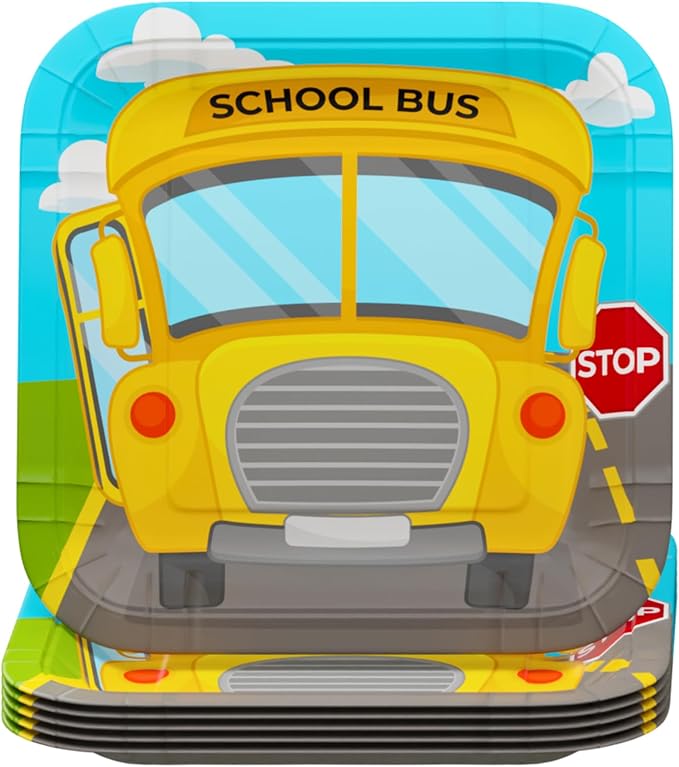 School Bus Deluxe Party Supplies Pack (122 Pieces for 16 Guests) - School Bus Party Supplies, School Bus Birthday Plates and Napkins, School Graduation Decorations, Transportation Party, Blue Orchards