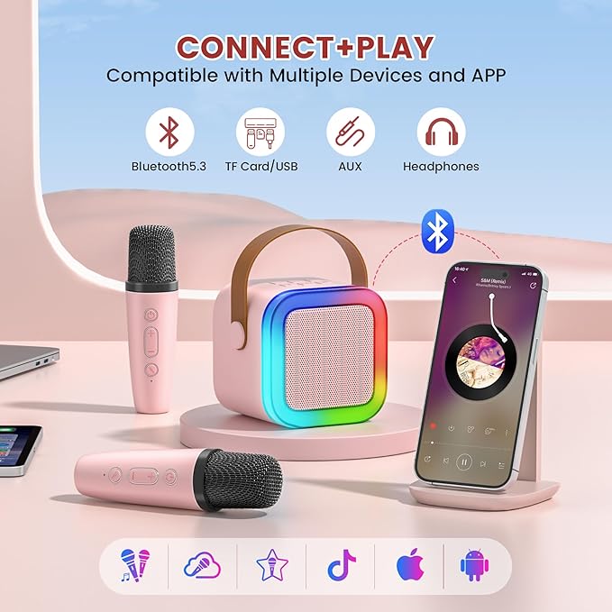 Mini Karaoke Machine for Kids,Portable Bluetooth Speaker with 2 Wireless Microphones,Toddler Music Player Toys,Easter Birthday Gifts for 3,4,5,6,7,8,9,10,11,12+Years Old Girls Boys (Pink)