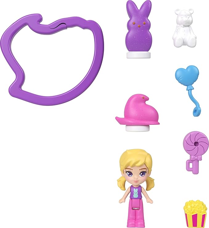 Polly Pocket x Peeps, Micro Doll & 2 Playsets with 7 Themed Accessories, Keychain Clip, Travel Toy, Partnership Compact