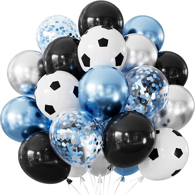 Soccer Balloons, 50PCS 12 Inch Black Blue & Metallic Silver Balloons Glitter Confetti Balloons, Soccer Birthday Party Decorations for Boys Men Sports Theme Party
