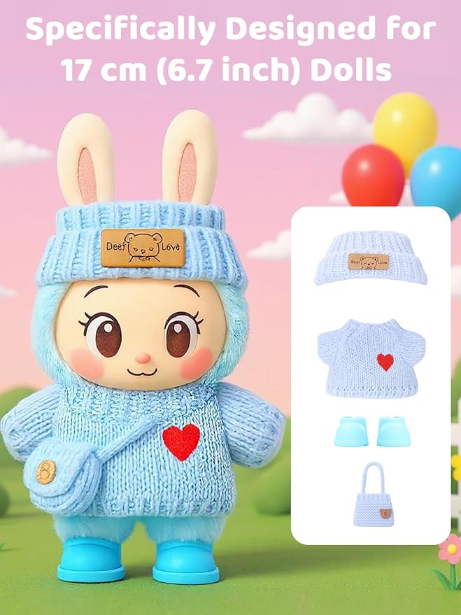 2026 New Crochet Doll Clothes Set for 17cm (6.7 inch) Dolls - 4 Piece Outfit with Hat, Dress, Backpack & Shoes - Cute & Stylish Accessories for, Light Blue (Doll Not Included)