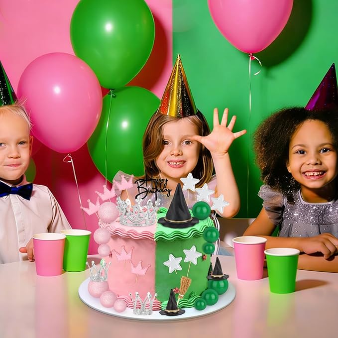 Hooqict 30 Pieces Pink and Green Cake Decorations with Mini Black Witch Hat, Silver Crown, Broom, Happy Birthday Cake Topper for Girls Women Princess Witch Birthday Party Decorations Supplies
