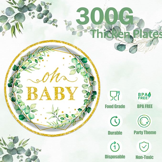 Sage Greenery Baby Shower Party Supplies - 350 PCS Gender Neutral Disposable Dinnerware Set (50 Guest) with OH Baby Paper Plates and Cups and Napkins Sets for Baby Girl Boy Shower Decorations