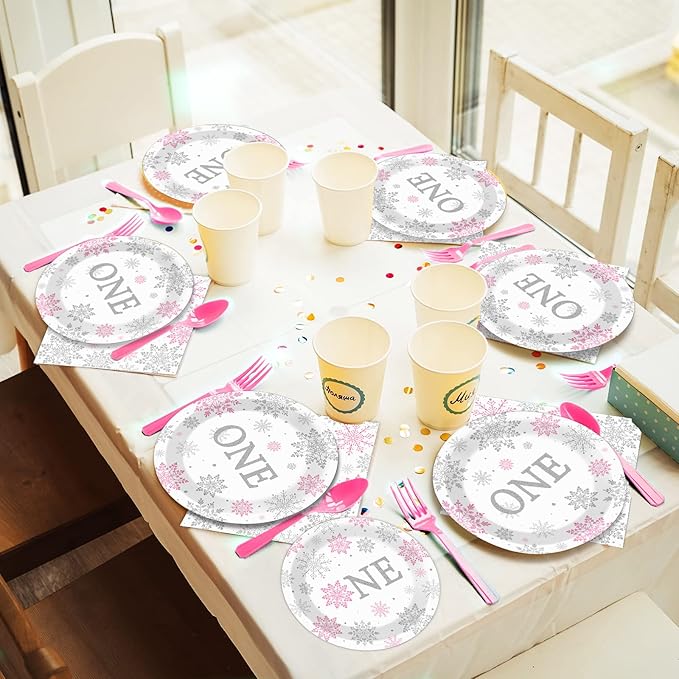 Winter Onederland 1st Birthday Themed Tableware - Snowflake One Plates, Napkins for Baby Girls First Birthday - Disposable Paper Party Decorations Supplies Favors for 24 Guests