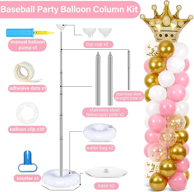 2 Sets Princess Party Balloon Column Stand Kit With 102 Crown Foil Balloons 5.57Ft Adjustable Balloon Tower Stand With Base Pink and Gold Arch Column for Girls Birthday Baby Shower Party Supplies