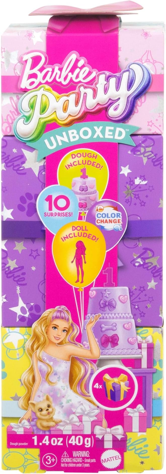 Barbie Party Unboxed Doll & Accessories, Pet Birthday Series Birthday Bows Set with 10 Surprises Including Color Change & Cake-Decorating Activity