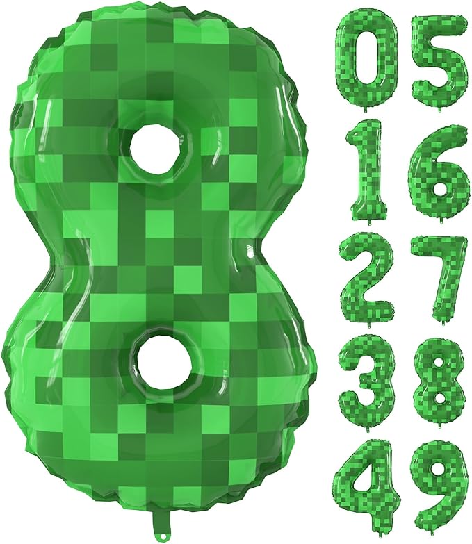 40 Inch Green Pixel Miner Theme Number Balloons Large Birthday Party Number Balloons Mining Gaming for Kids Birthday Party Decoration Supplies (Number 8)