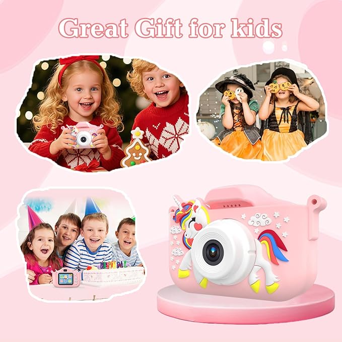 Kids Camera for 3-9 Year Old Boys Girls, Children Digital Camera with Cute Cartoon Soft Cover & 32GB SD Card, Best Christmas Birthday Gifts for Grandkids, Halloween Party Favors for Kids - Pink