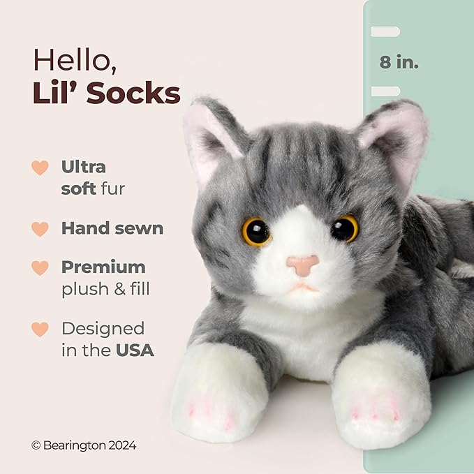 Bearington Lil' Socks Cat Stuffed Animal - 8" Realistic Cat Plush Toy - Soft Gray Striped Plush Cats with Lifelike Details for Kids, Toddlers, and Kitten Lovers - Adorable Gift for Kids